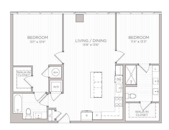 Floor plan for 2 beds, 2 baths, 1162 sqft